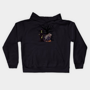 Scary dinasour with witch and pumpkin art for halloween season Kids Hoodie